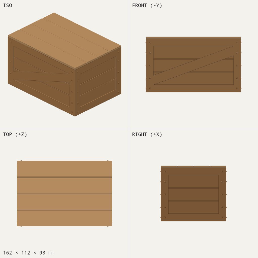 Small wooden-style shipping crate with plank lid, diagonal braces and rivet dots on the sides