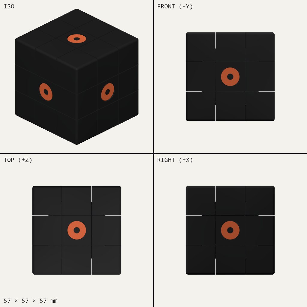 Black 3x3 puzzle cube with a round orange cap in the middle of each face