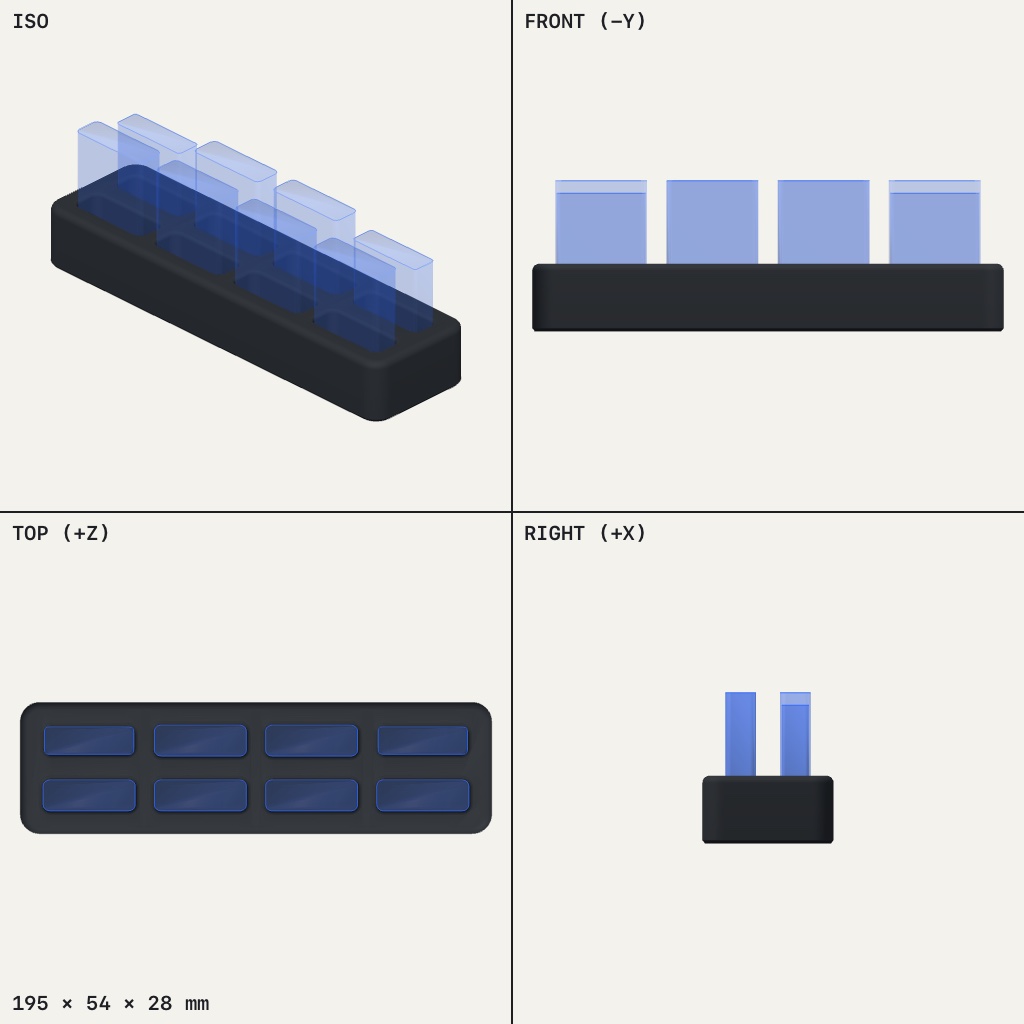 Long low dark tray with two rows of four rectangular slots holding upright blue blocks