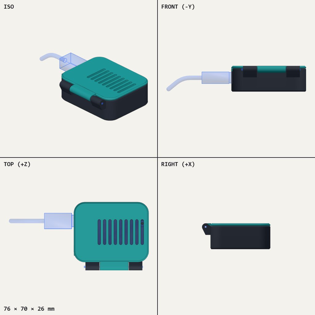 Small dark box with a teal vented lid, hinged along one edge, with a USB cable going in