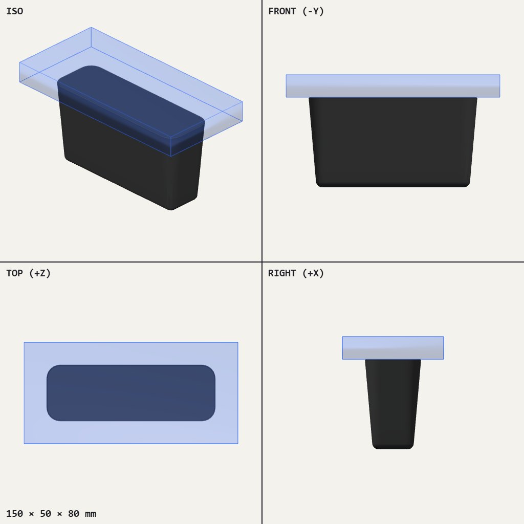 Dark tapered block with rounded corners under a wide flat plate, narrowing toward the floor