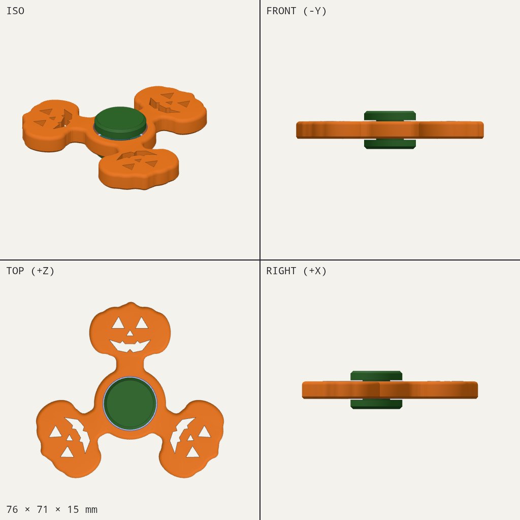 Three-armed orange spinner with jack-o'-lantern faces cut out and a green round cap in the centre