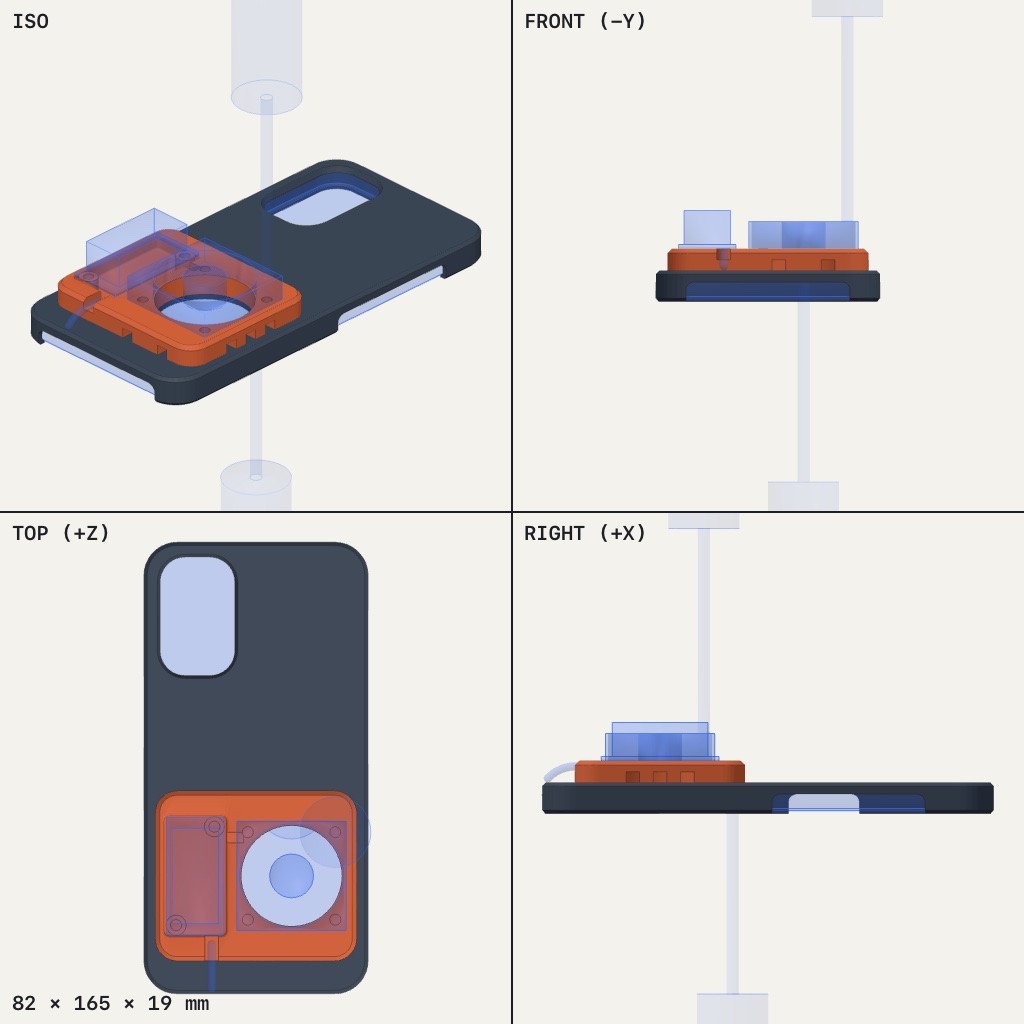 Dark phone case with an orange raised frame on the back holding a round fan opening, camera cutout above