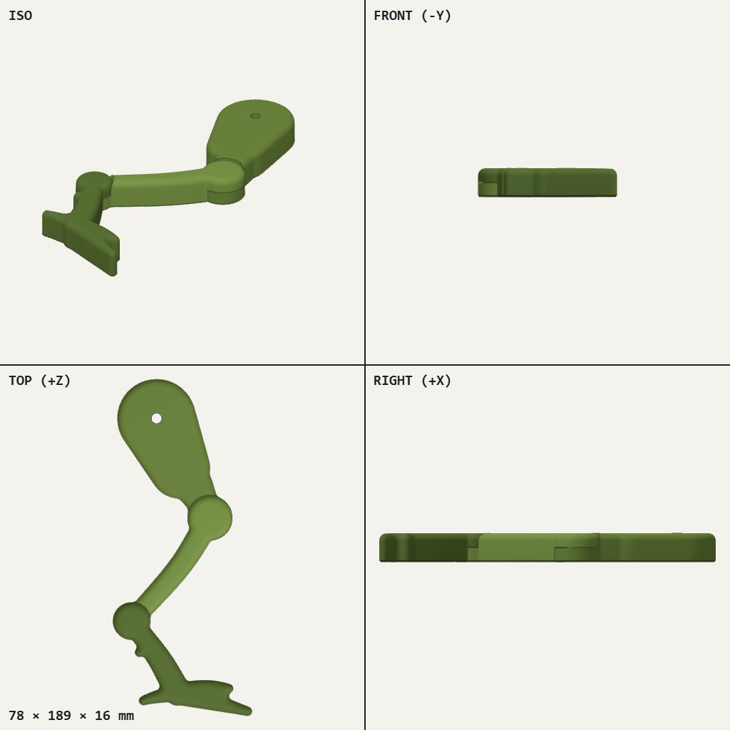 Flat green dinosaur leg with a wide thigh, two round joints, a thin shin and a clawed foot