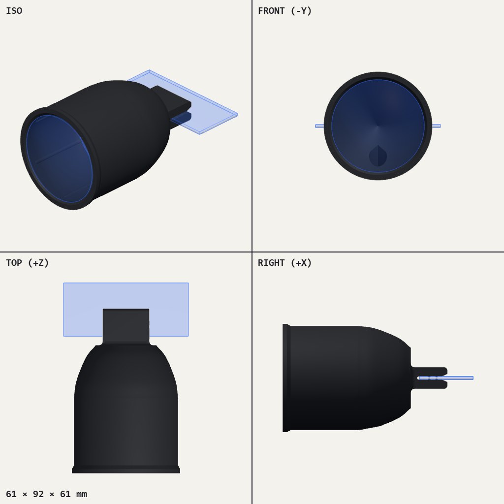 Black cup-shaped gauge pod with a flat tab at the back that slots onto a vent slat