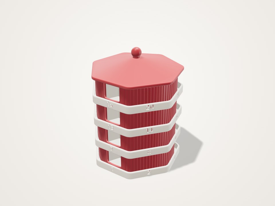 Red hexagonal tower with four numbered white rings, square windows and a lid with a round knob