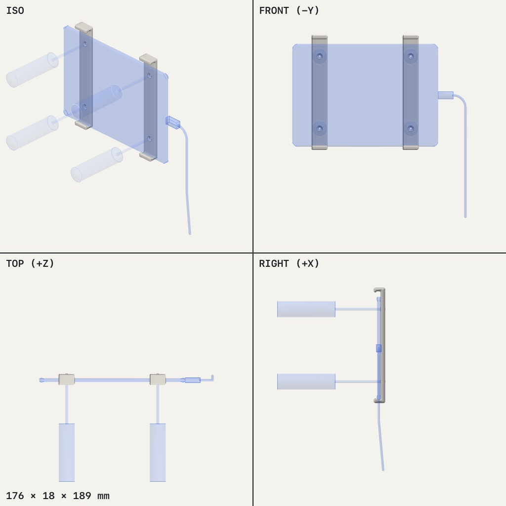 Two upright wall brackets with edge lips holding a flat tablet, with a charging cable trailing from the side