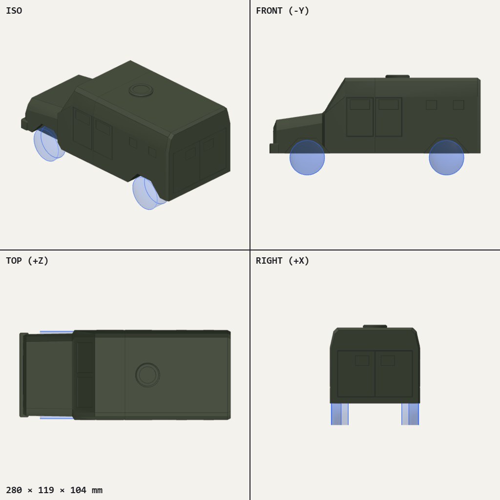 Boxy olive truck body with a roof hatch, side doors, small windows and two wheels showing underneath
