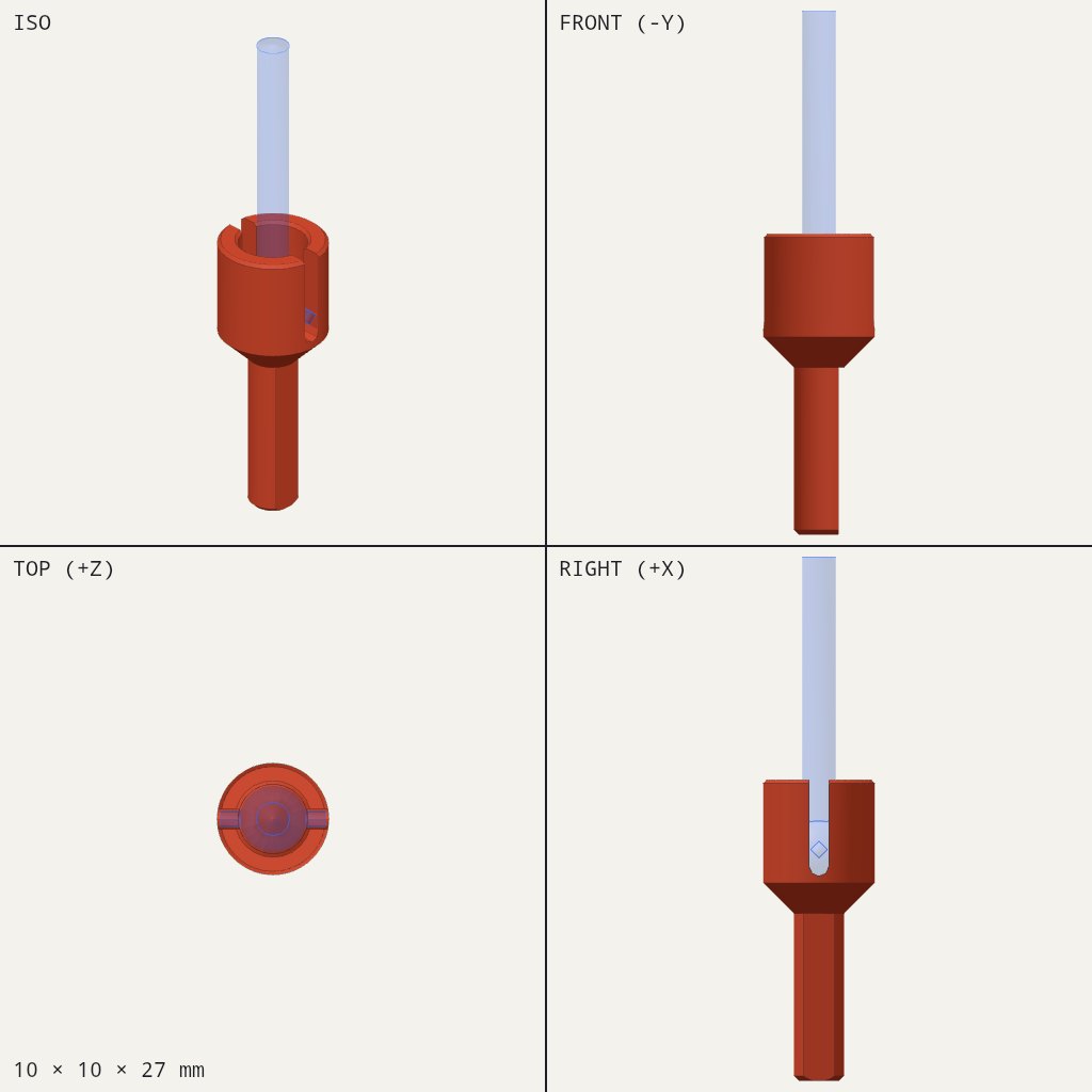 Short round cup with two side slots sitting on a cone, above a narrow shaft