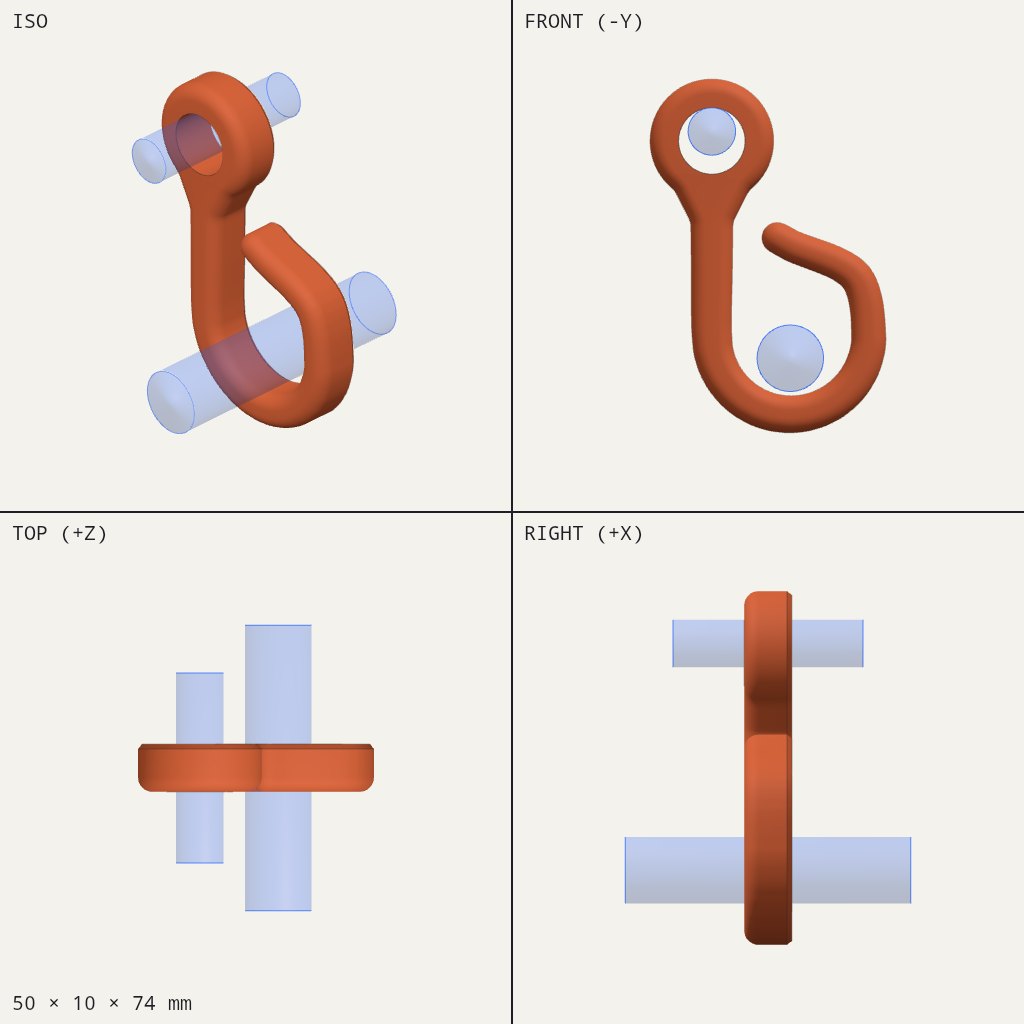 Orange S-shaped hook with a round eye at the top and an open curved hook at the bottom