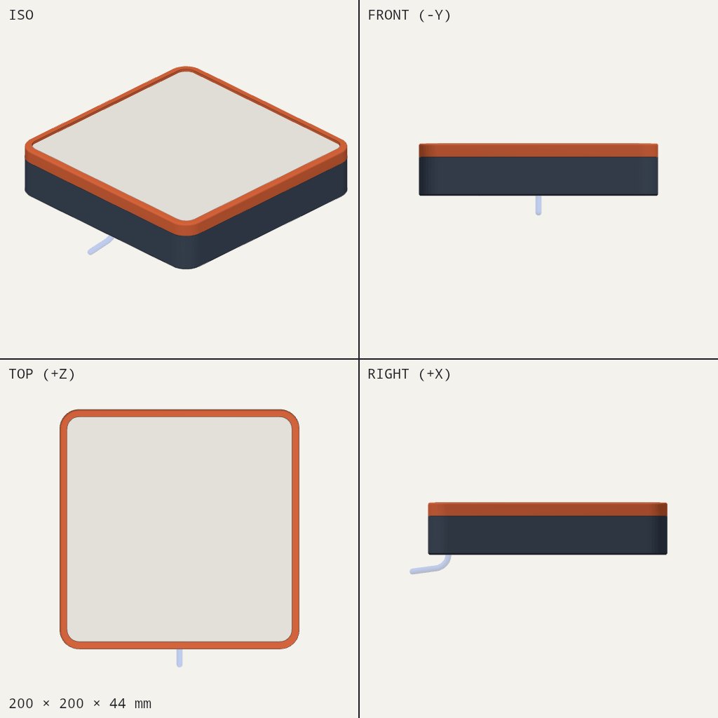 Flat square box with a dark base, an orange rim and a pale panel on top, with a cord leaving one side
