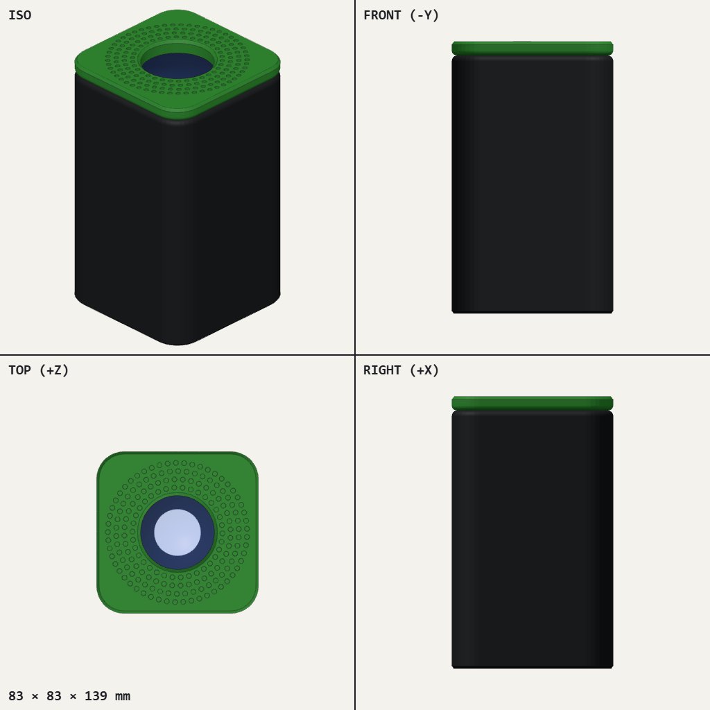 Tall black square sleeve with rounded corners and a green lid with a round sip hole and small dots