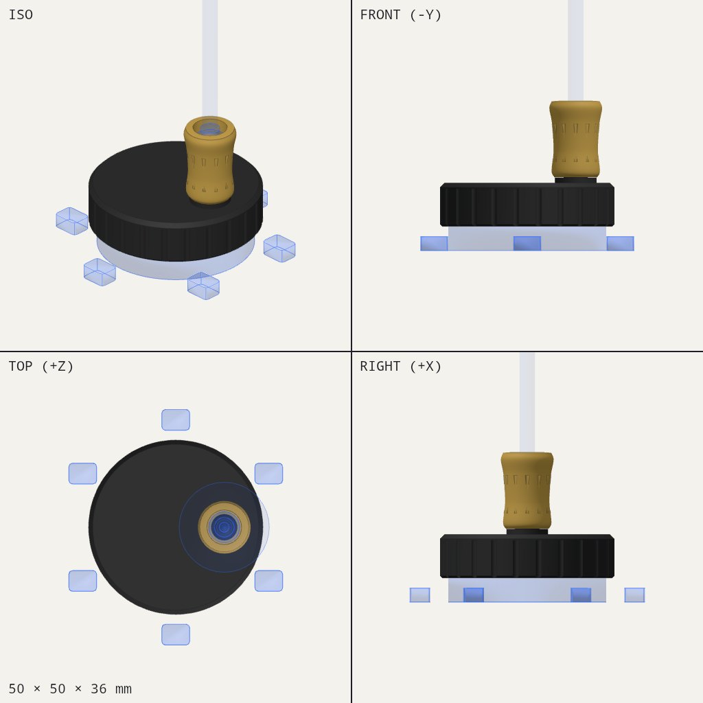 Wide black round cap with a small ribbed gold handle standing up near its edge