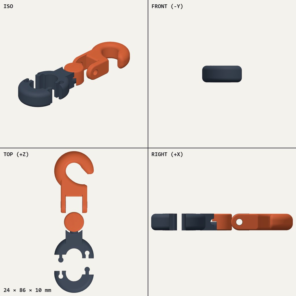 Orange hook joined by a ball and socket to a dark grey split ring clamp, lying flat