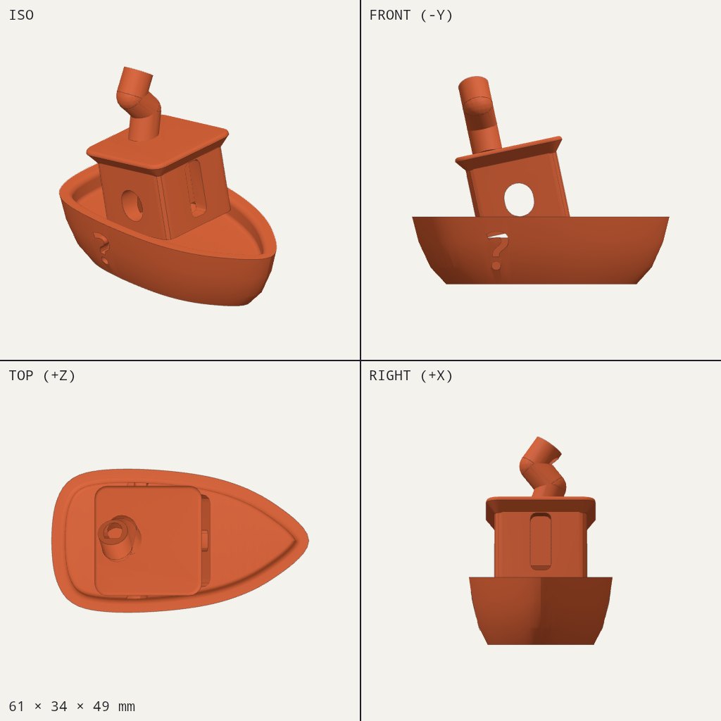 Small orange tugboat with a tilted cabin, a bent chimney and a question mark on its hull