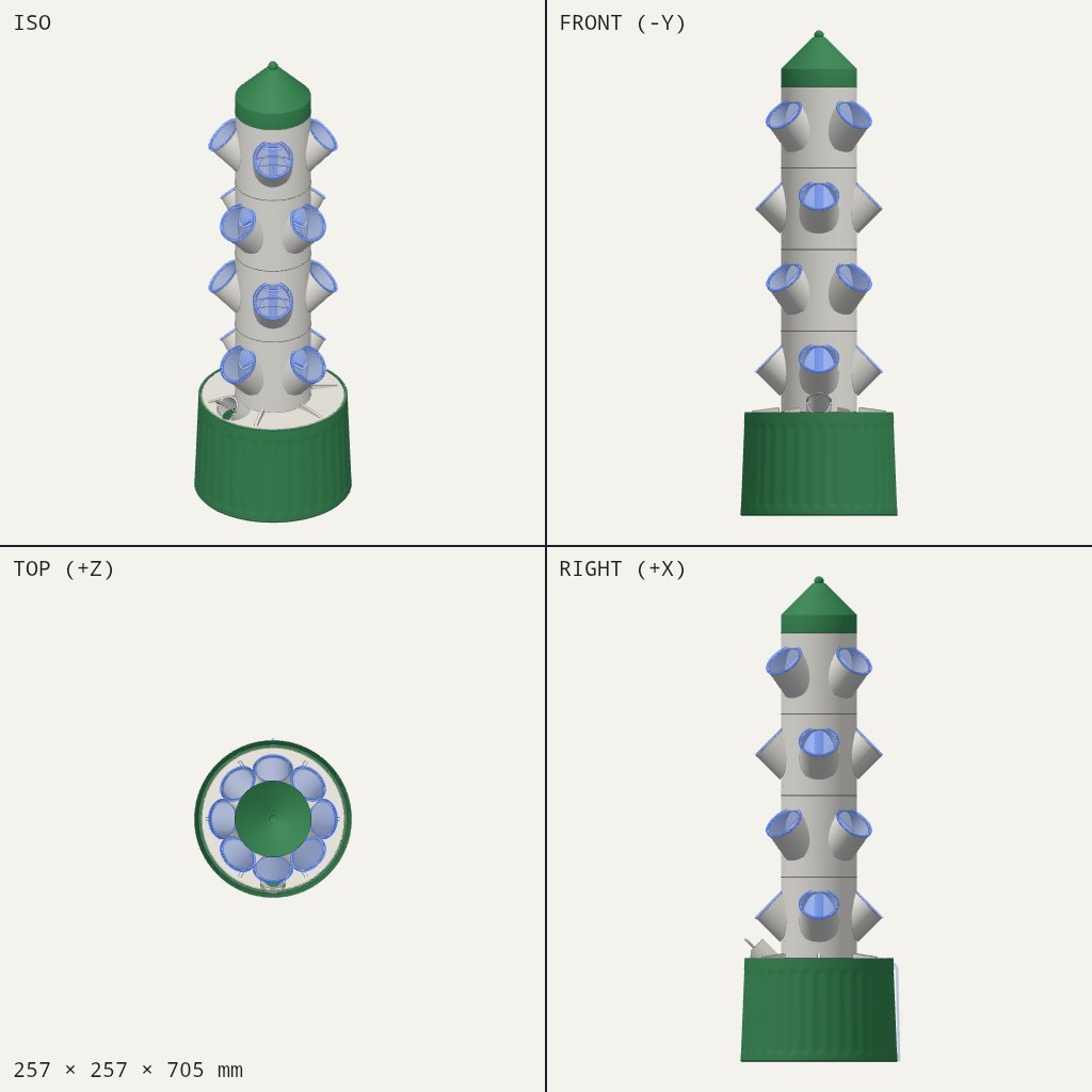 Tall grey tower with angled planting holes on a green round base and a green pointed cap