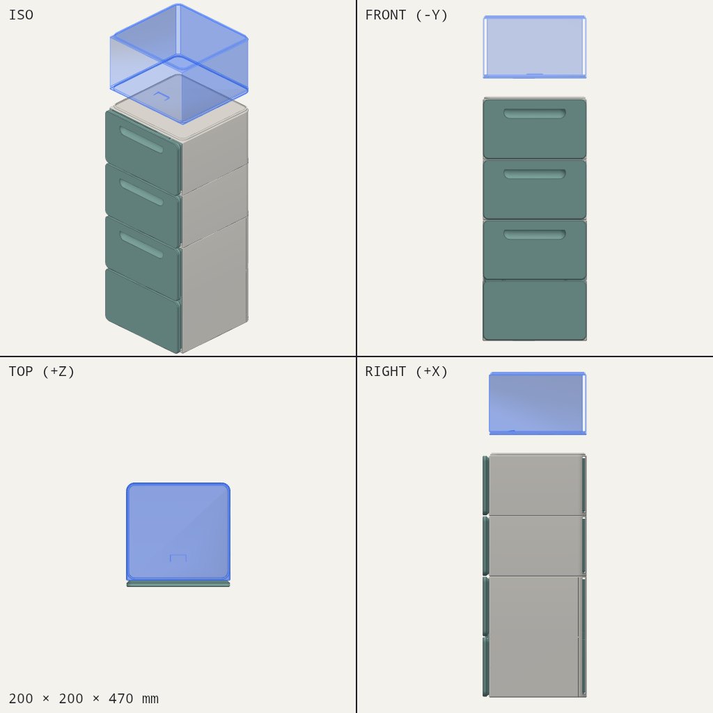 Tall stack of four green drawers with finger slots, topped with a flat cover