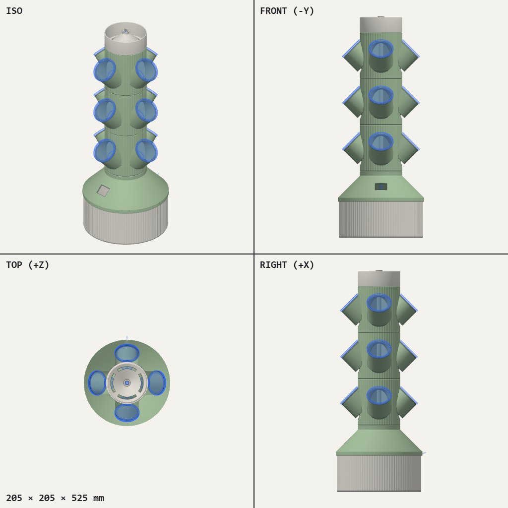 Tall green tower with angled plant cups on all sides, a wide round base and a grey cap on top