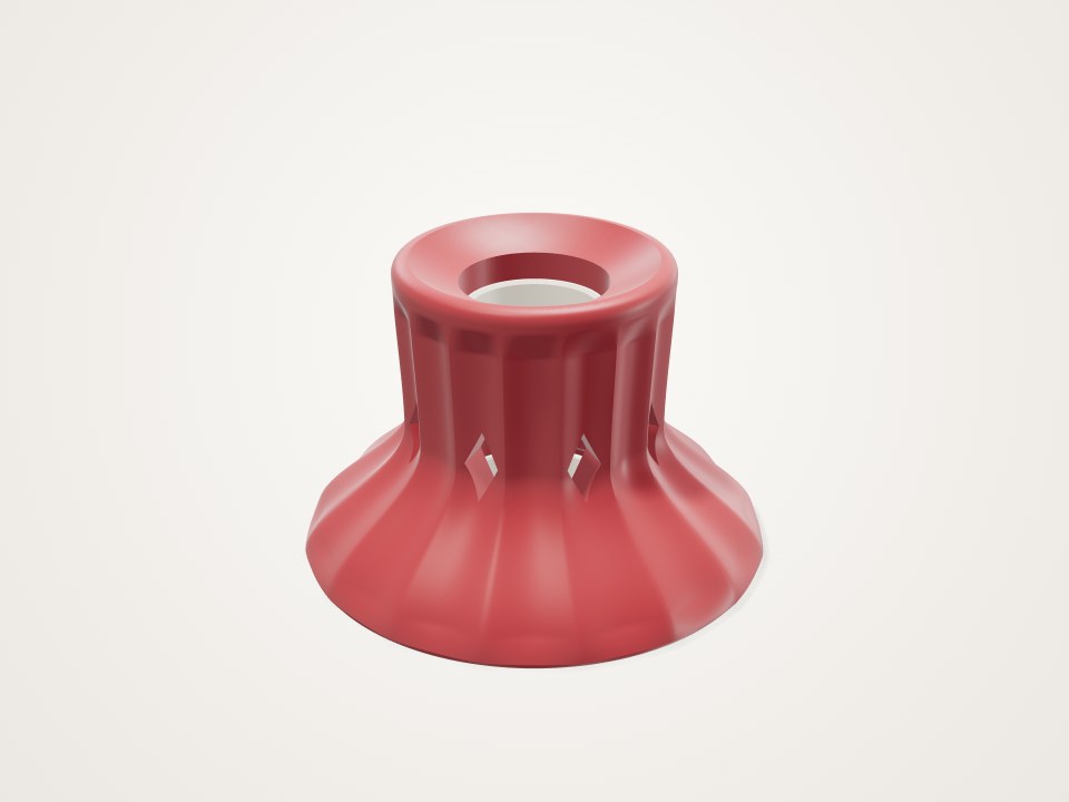Red flared base with ribbed sides, small diamond cut-outs and a round opening at the top