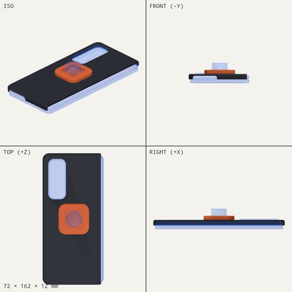 Dark phone case with a camera cutout and an orange square mount plate on the back