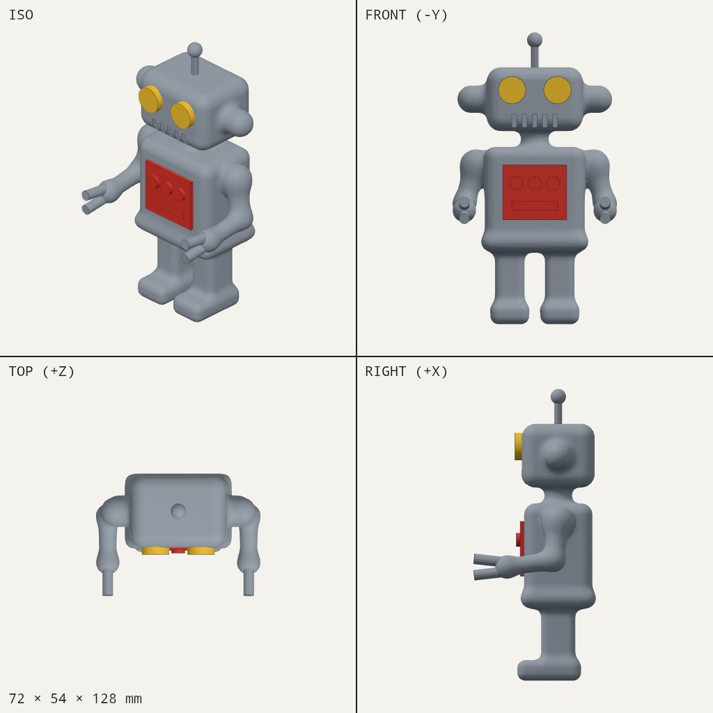 Retro toy robot with a ball antenna, yellow eyes, a red chest panel and forward-reaching claw arms