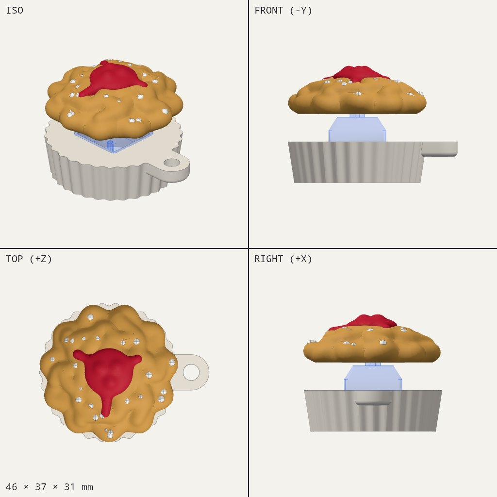 Golden funnel cake with red jam on top, sitting above a ruffled cup with a small keyring loop