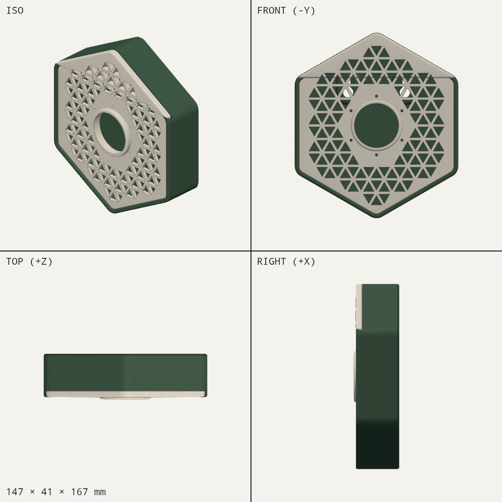 Hexagonal box with a triangle-patterned front and a round hole in the centre