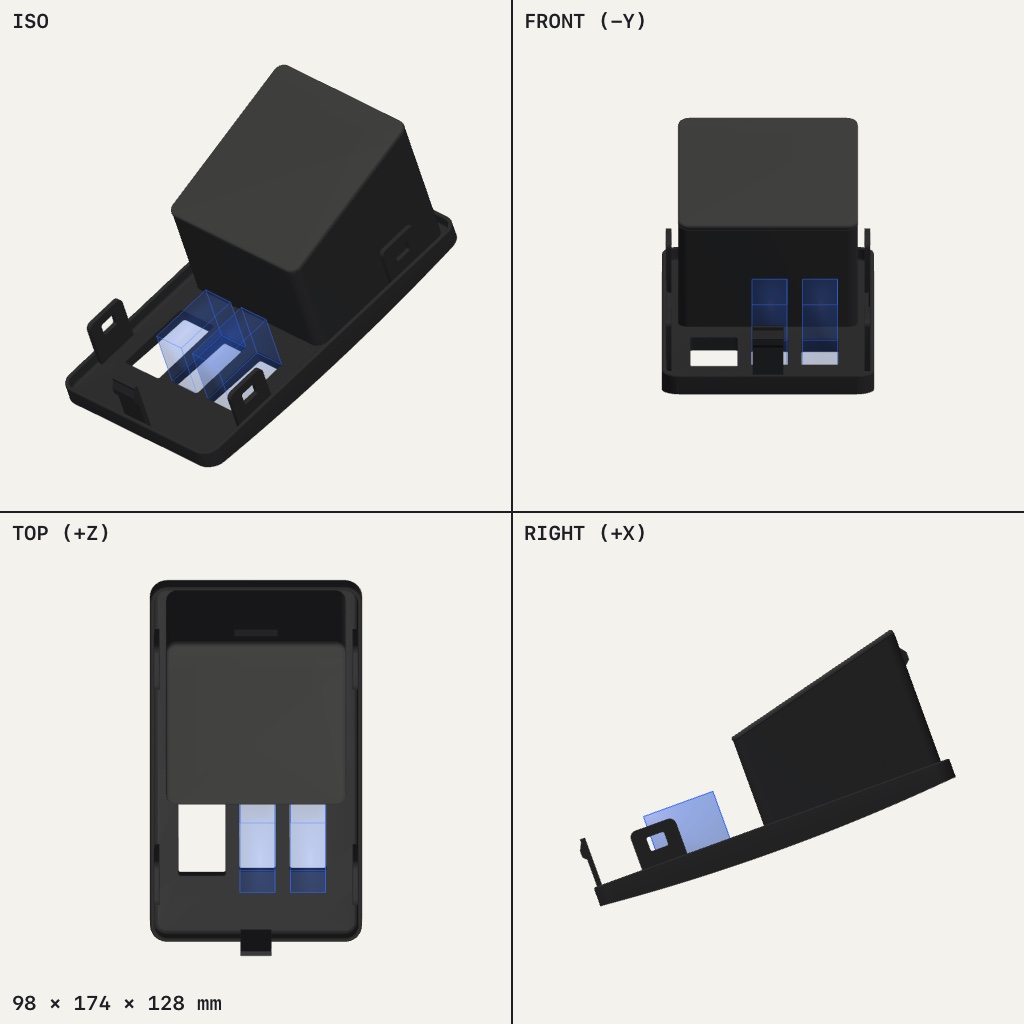 Dark curved panel with three rectangular cutouts, small tabs on the edges and a boxy pocket on top