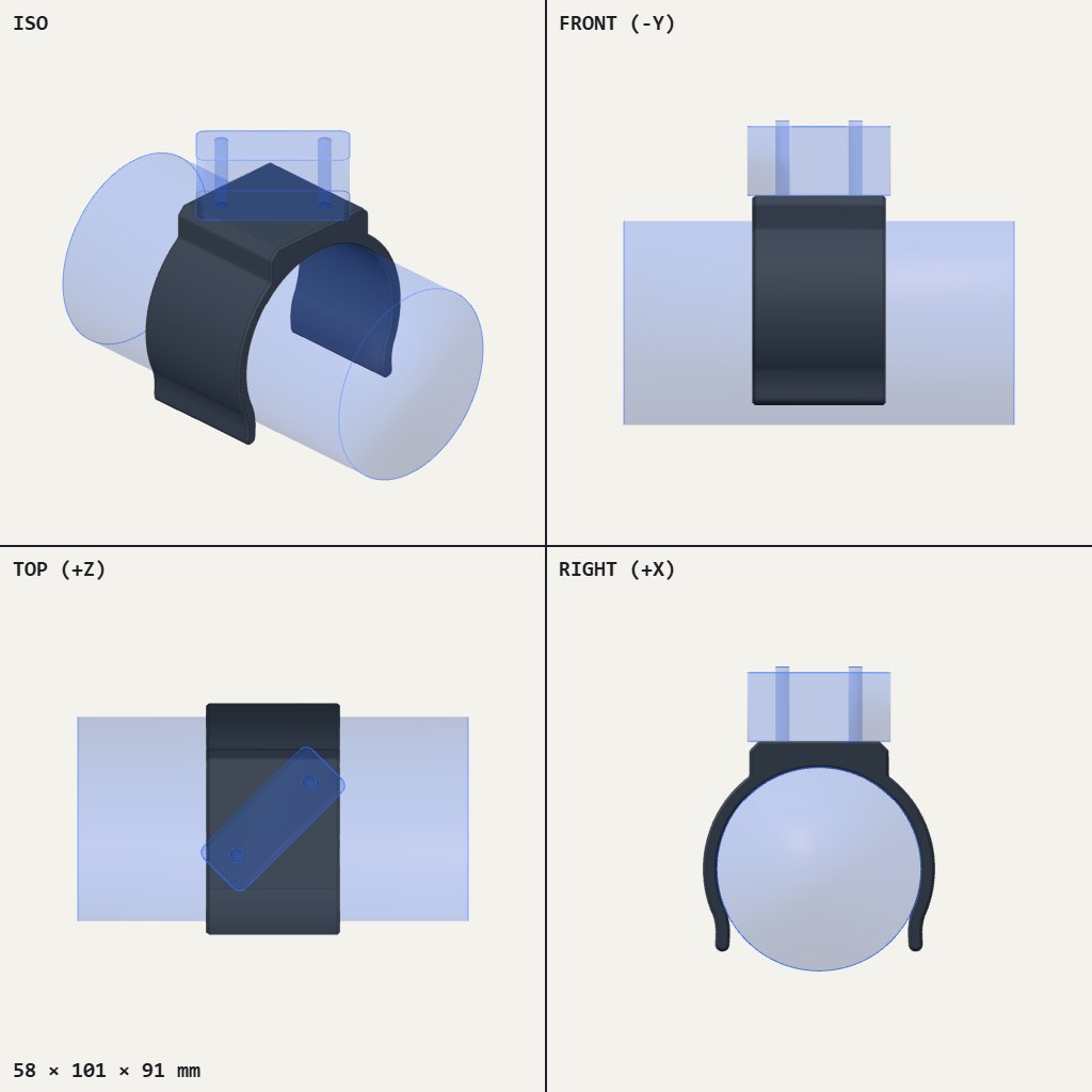 Dark C-shaped clip wrapped around a round tube with a flat angled mounting plate on top