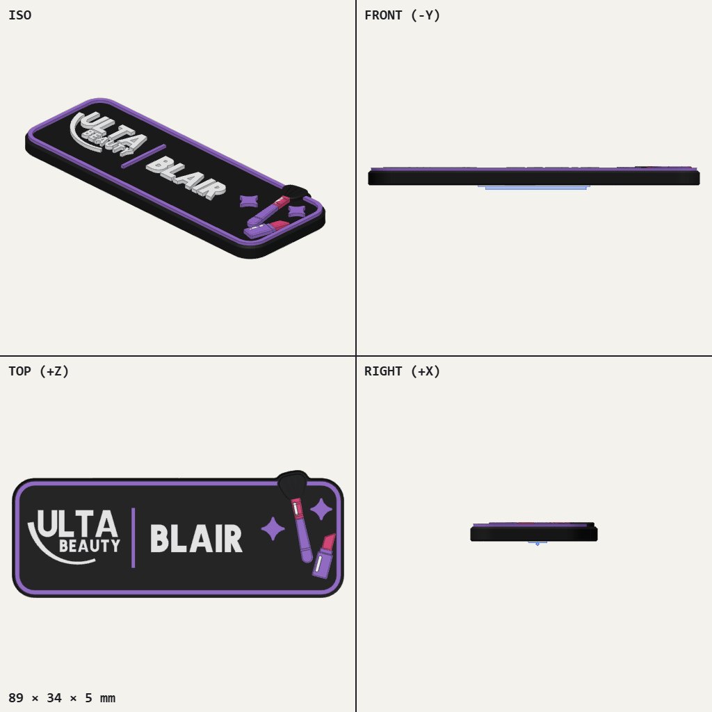 Dark rectangular name badge with purple border, white ULTA BEAUTY and BLAIR lettering, and a lipstick and brush