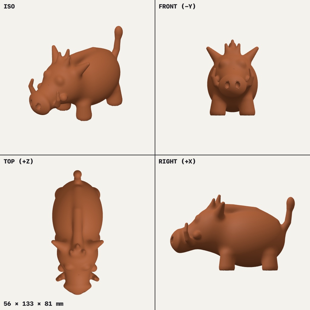 Chunky warthog figurine with curved tusks, a spiky mane and a tail curled upright