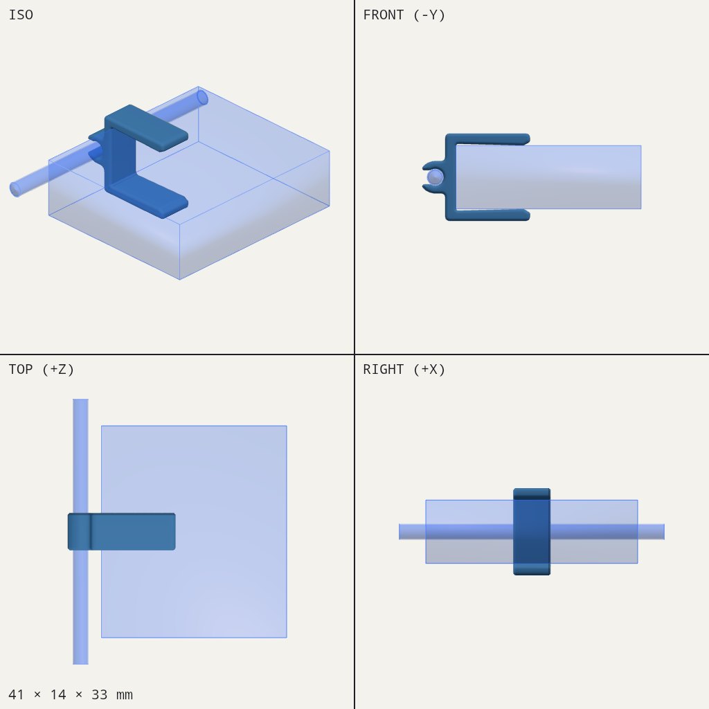 Blue C-shaped clip gripping a flat slab edge, with a small round loop on the side holding a thin cable