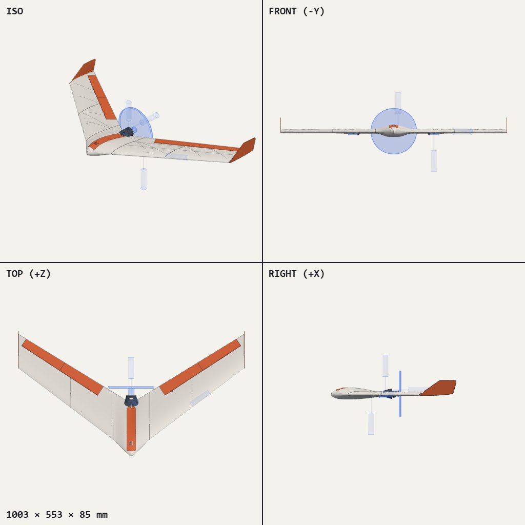 Swept-back flying wing in white with orange elevons and small upturned winglets at the tips