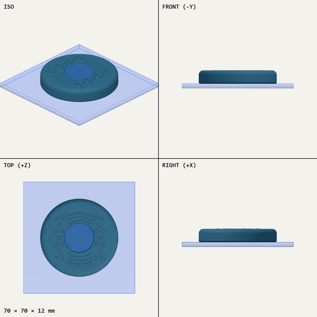 Round flat puck with a circular recess in the middle and curved lines above and below it