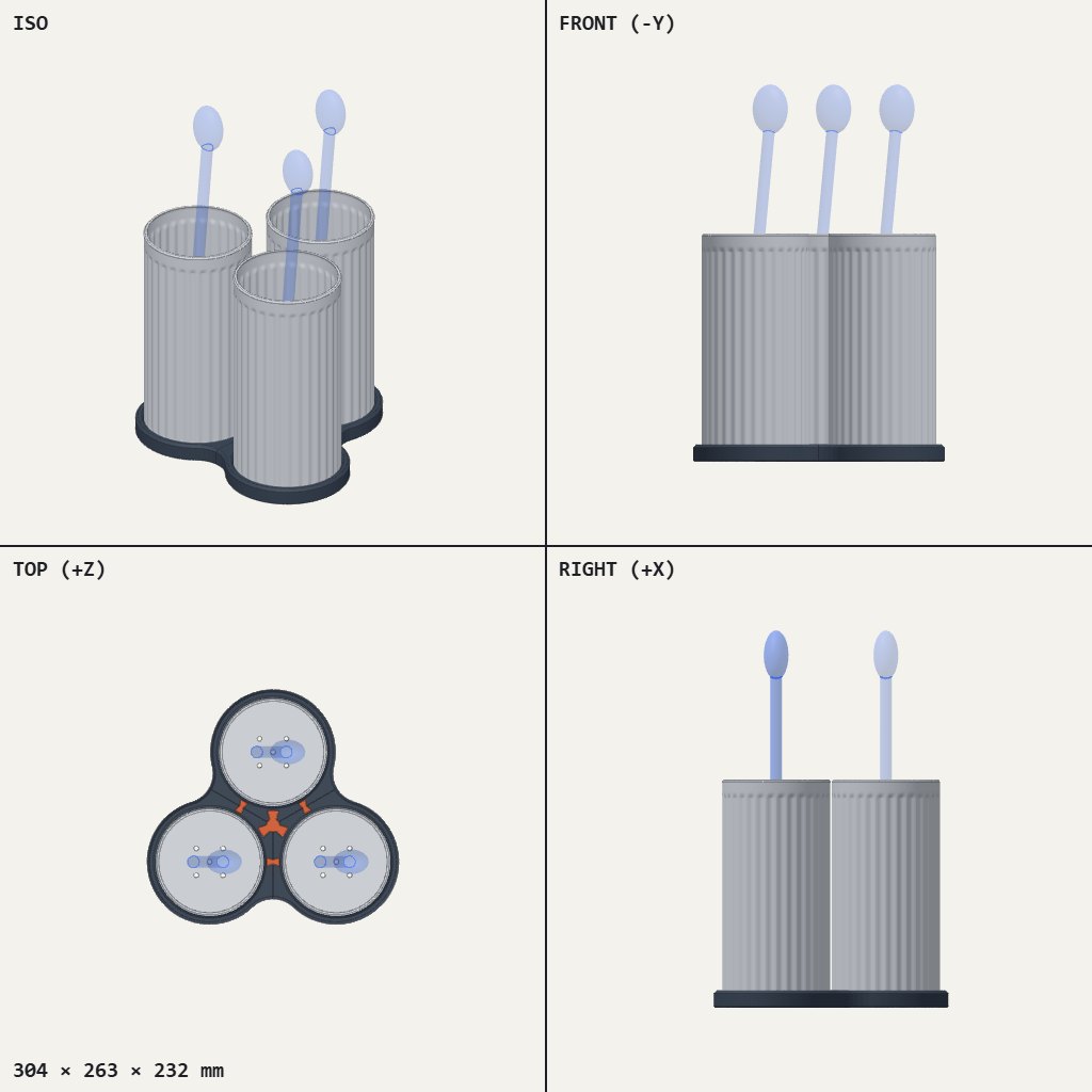 Three tall ribbed cups on a shared three-lobed base, holding spoons upright