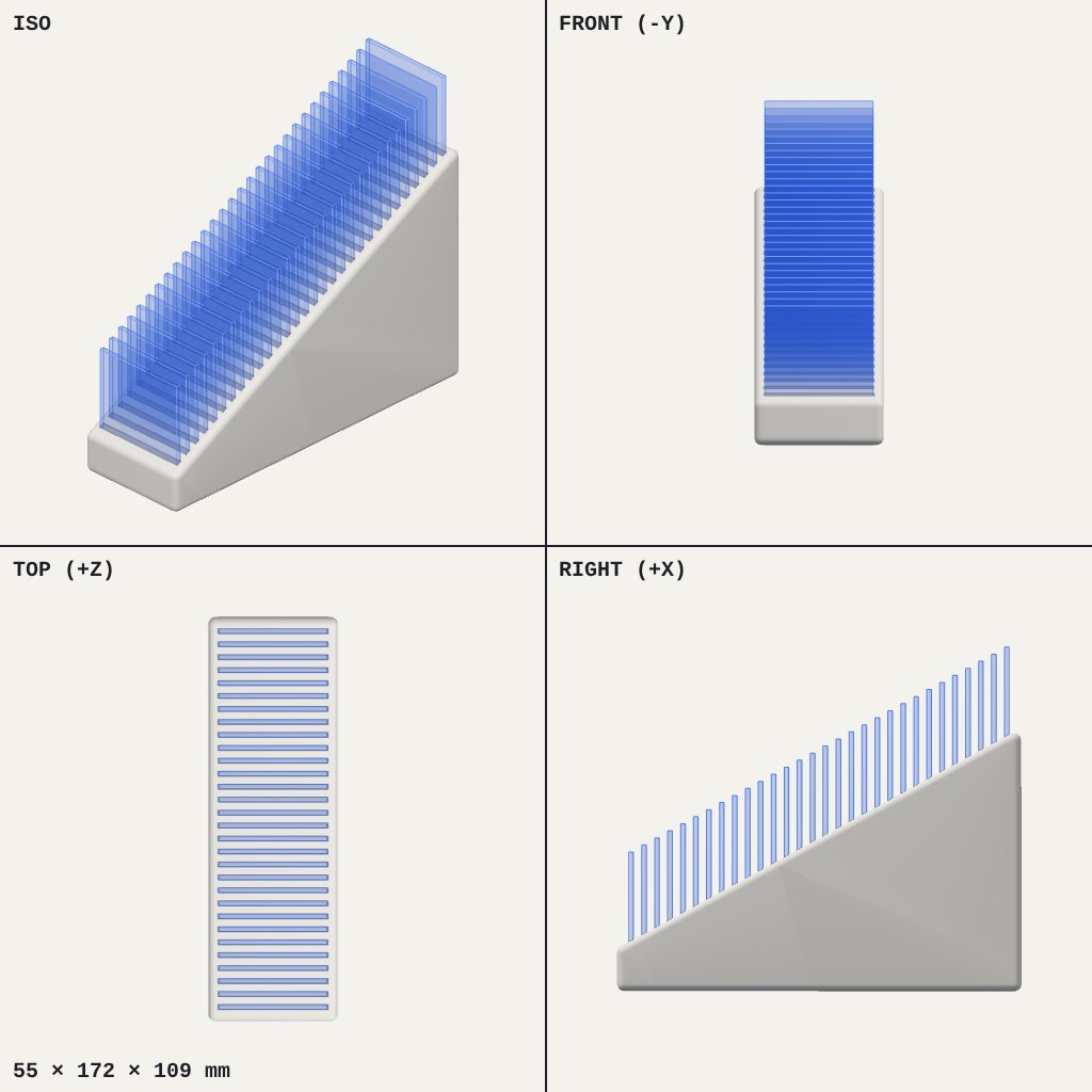 Wedge-shaped stand with a row of thin blue swatch cards standing in slots, rising from low to high