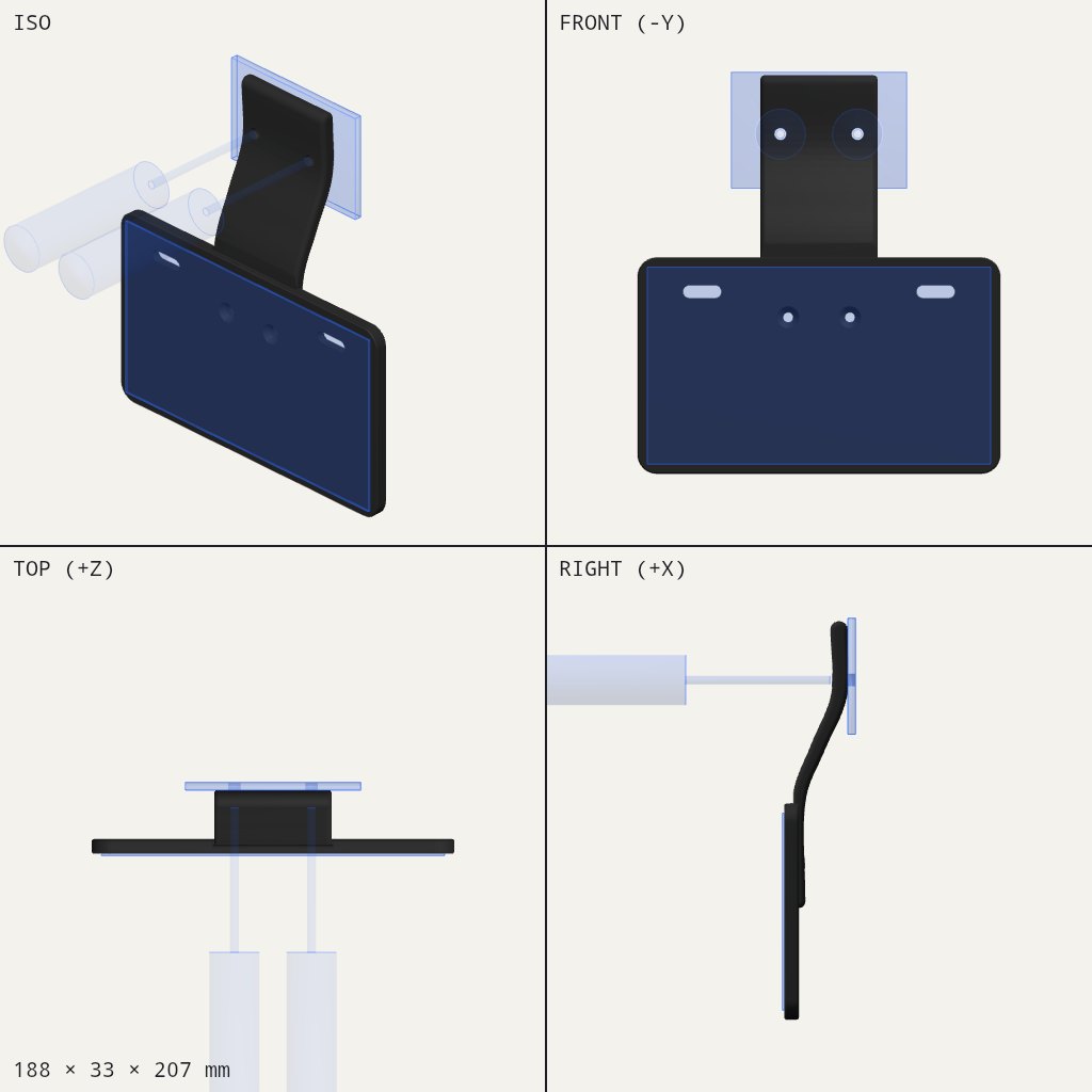 Dark bent strap with a flat rectangular plate holder on the bottom and two mounting holes on a small tab at the top