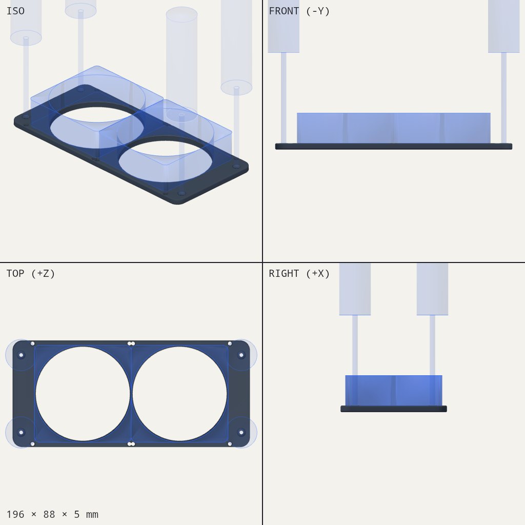 Flat dark plate with two large round holes side by side and small screw holes at each corner