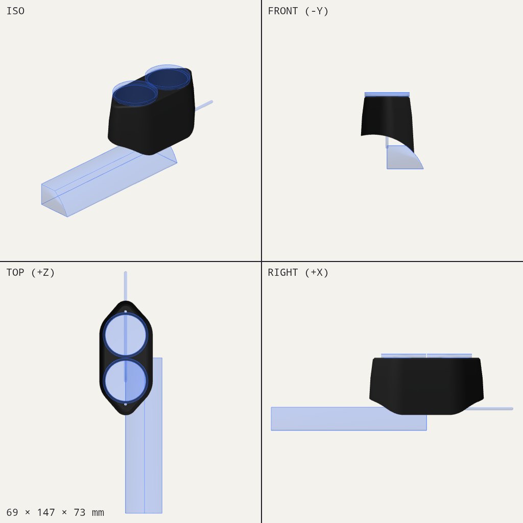 Black twin-gauge pod with two round openings and a curved underside that follows a pillar