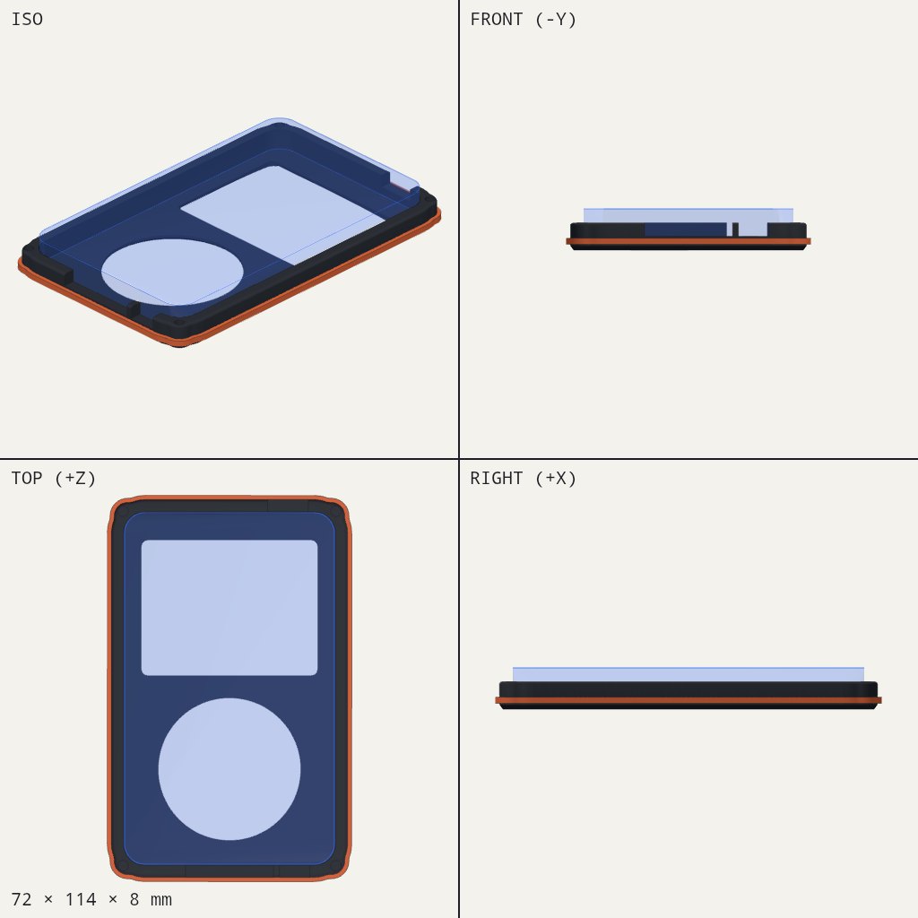 Flat rounded-rectangle iPod front shell with a square screen window and a round click wheel hole