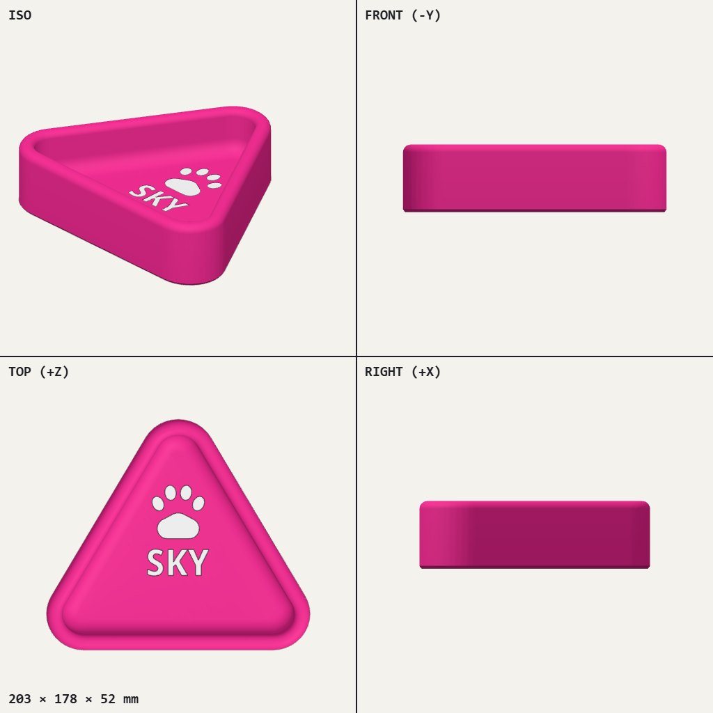 Pink triangular dog bowl with rounded corners and a paw print above the name SKY