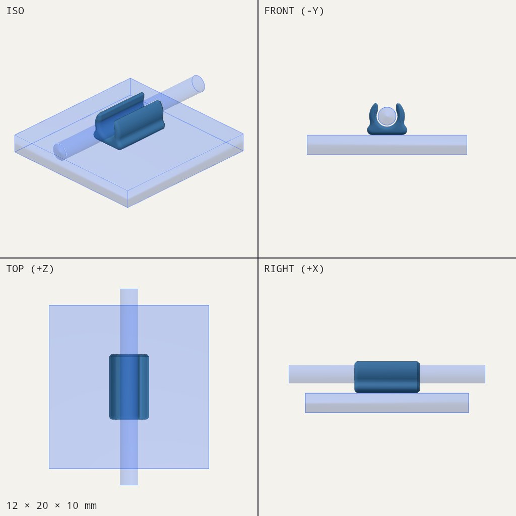 Small blue clip with two curved arms holding a round cable, on a flat base