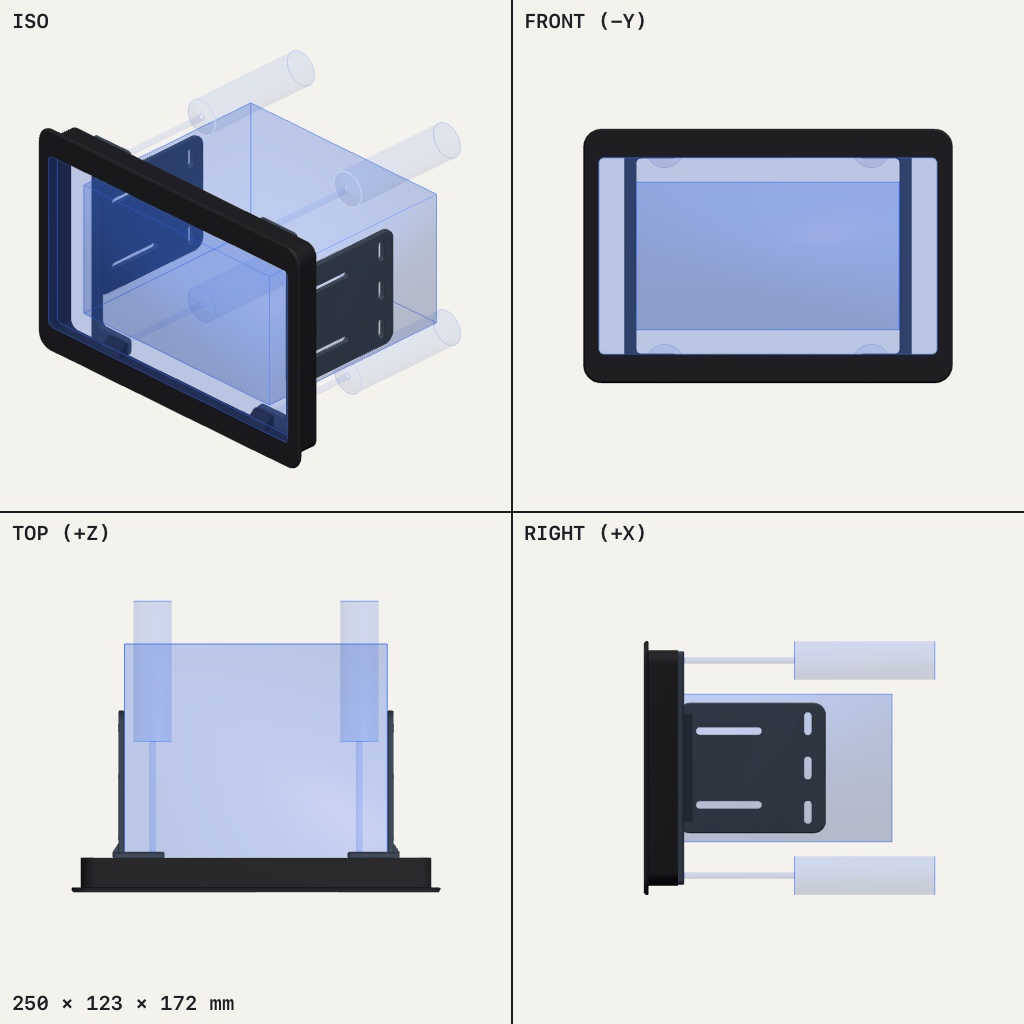Black rectangular dash frame with two dark side brackets reaching back behind it