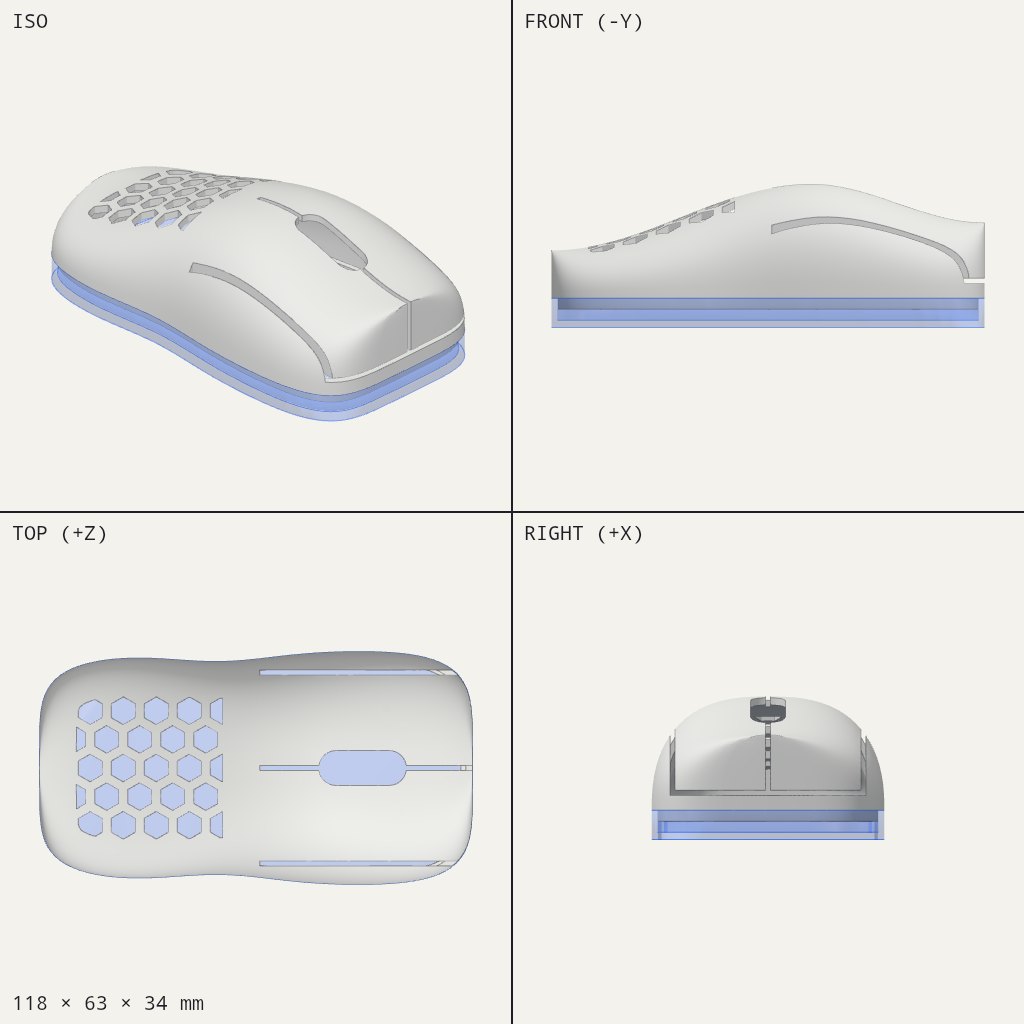 Computer mouse shell with a honeycomb of hexagon holes at the back and a wheel slot between two buttons