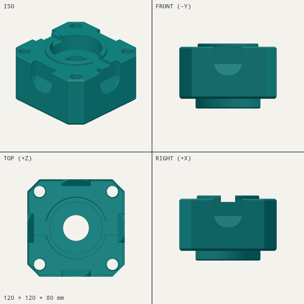 Square block with four corner bolt holes, a round recessed seat on top and a central bore