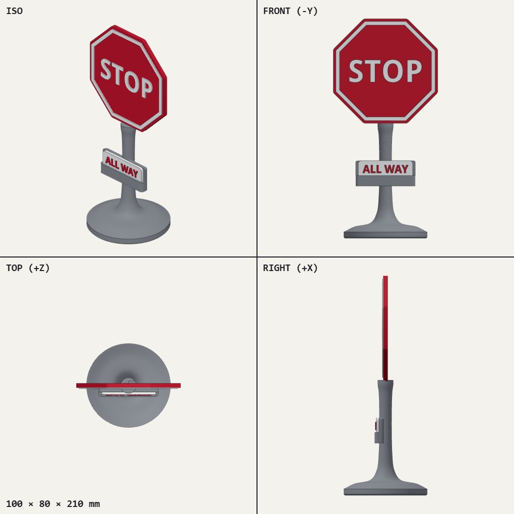 Red octagonal STOP sign on a grey post and round base, with a small ALL WAY plaque