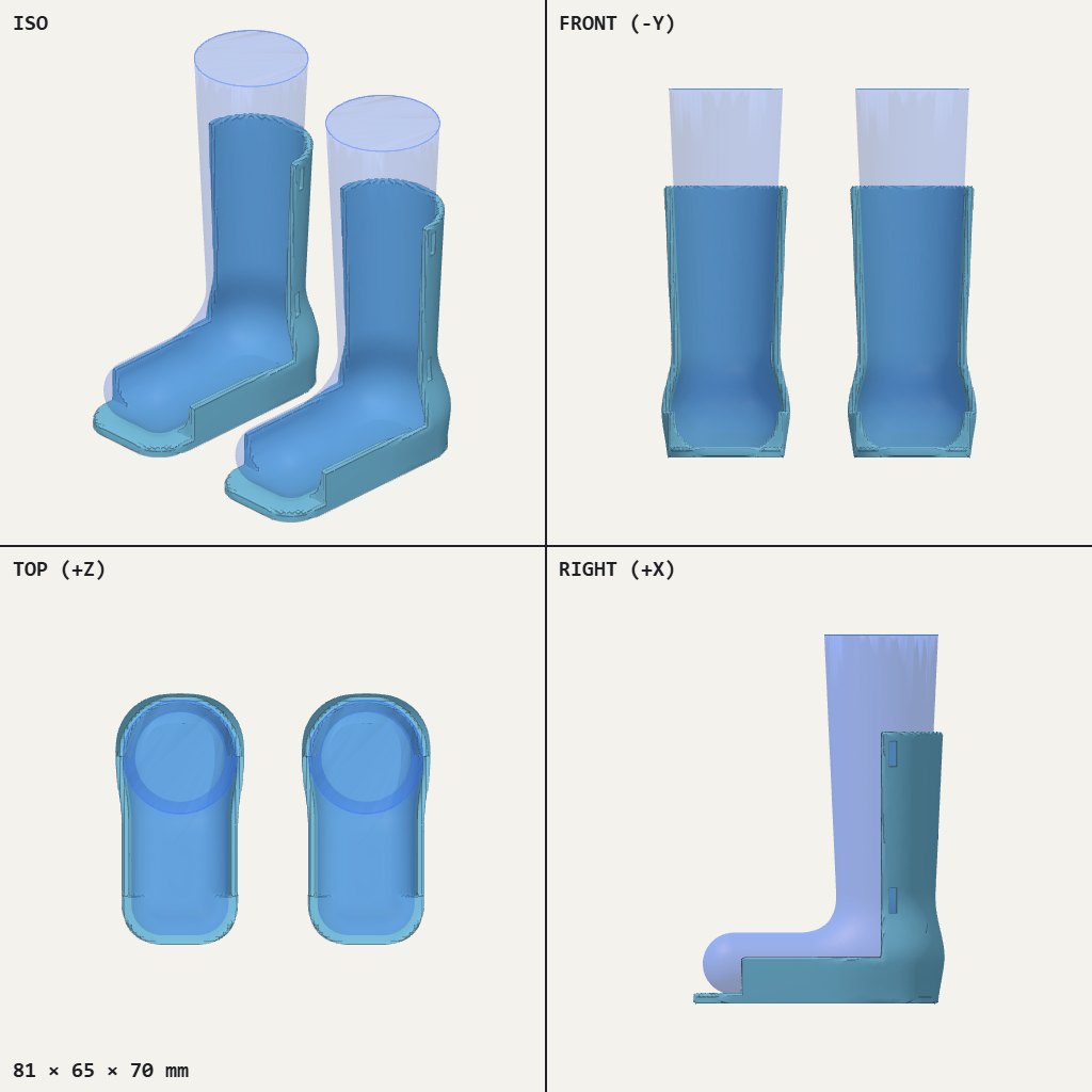 Pair of small boot-shaped braces with a rounded foot cradle and a tall calf support