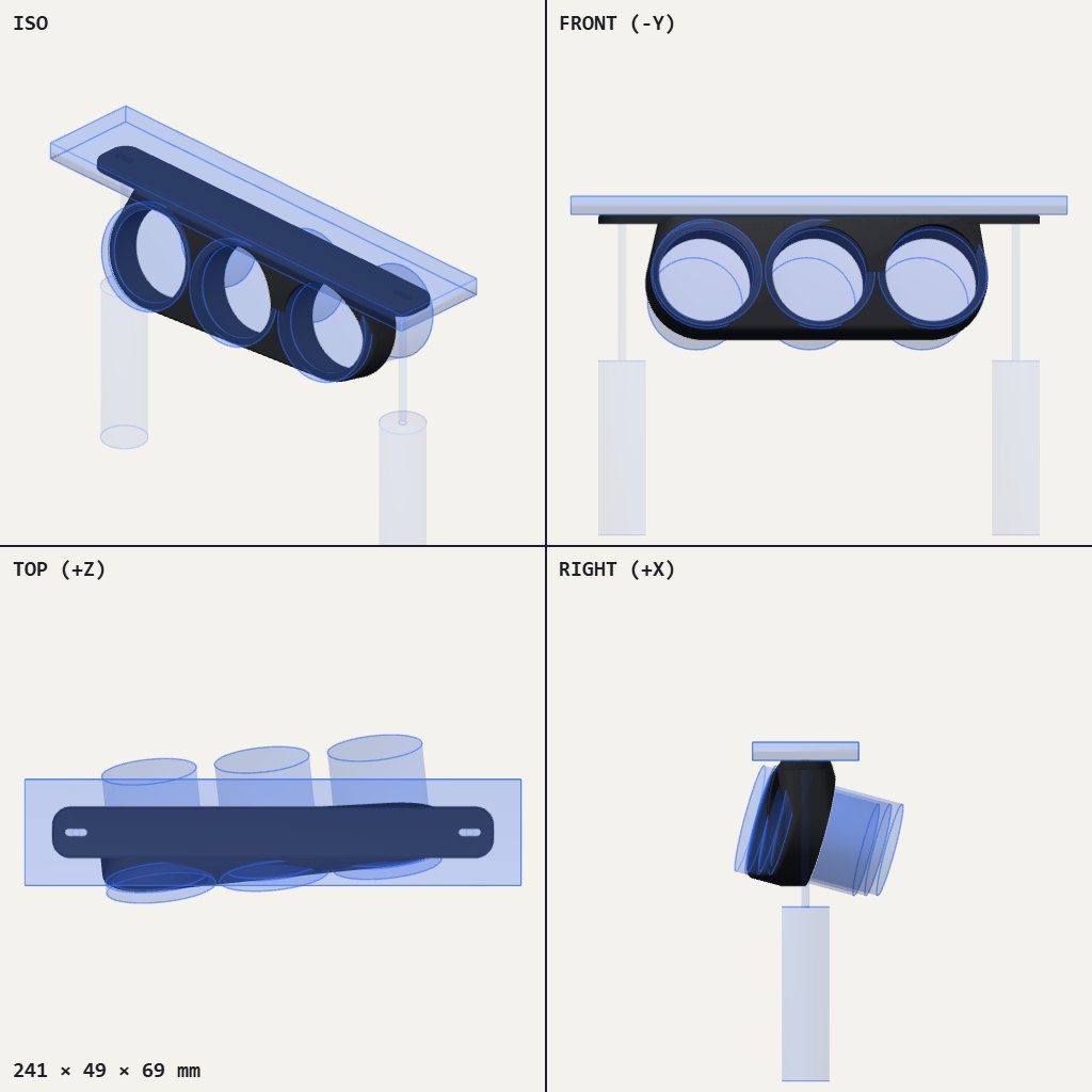 Flat bracket with three round gauge cups in a row, tilted forward, with a screw slot at each end