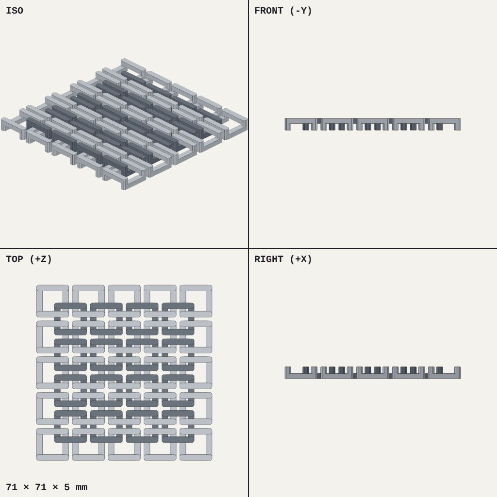 Square sheet of interlocking rectangular chainmail links in a woven grid pattern