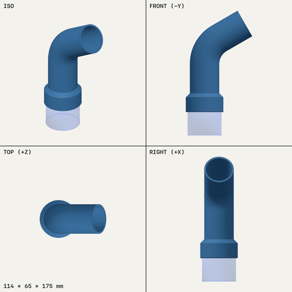 Bent round pipe with a wider collar at one end and an open tube end angled upward